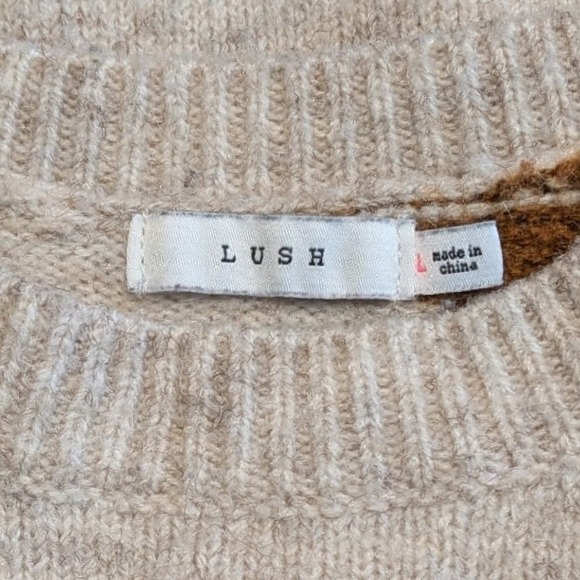 Lush $62 Large Oatmeal Brown‎ Black Colorblock Wool Blend Crew Neck Sweater - Picture 2 of 11